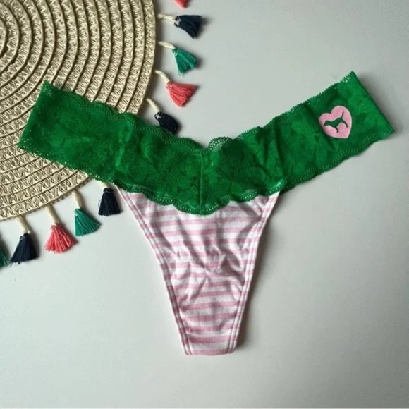 Victoria’s Secret PINK Lace Trim Thong Panty Cupid Pink Stripe Green Medium NEW - Picture 5 of 5